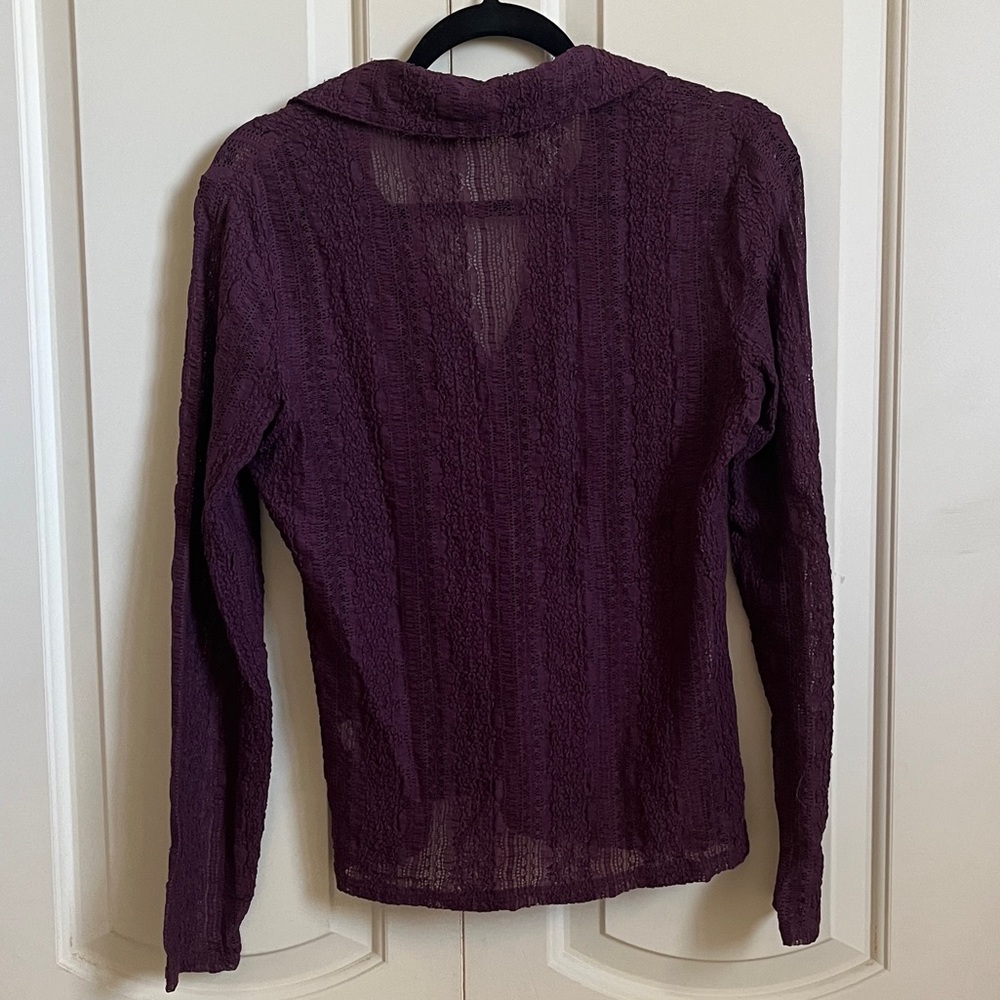 sheer blouse eggplant lace velvet JJill witchy XS mother of pearl buttons NWOT